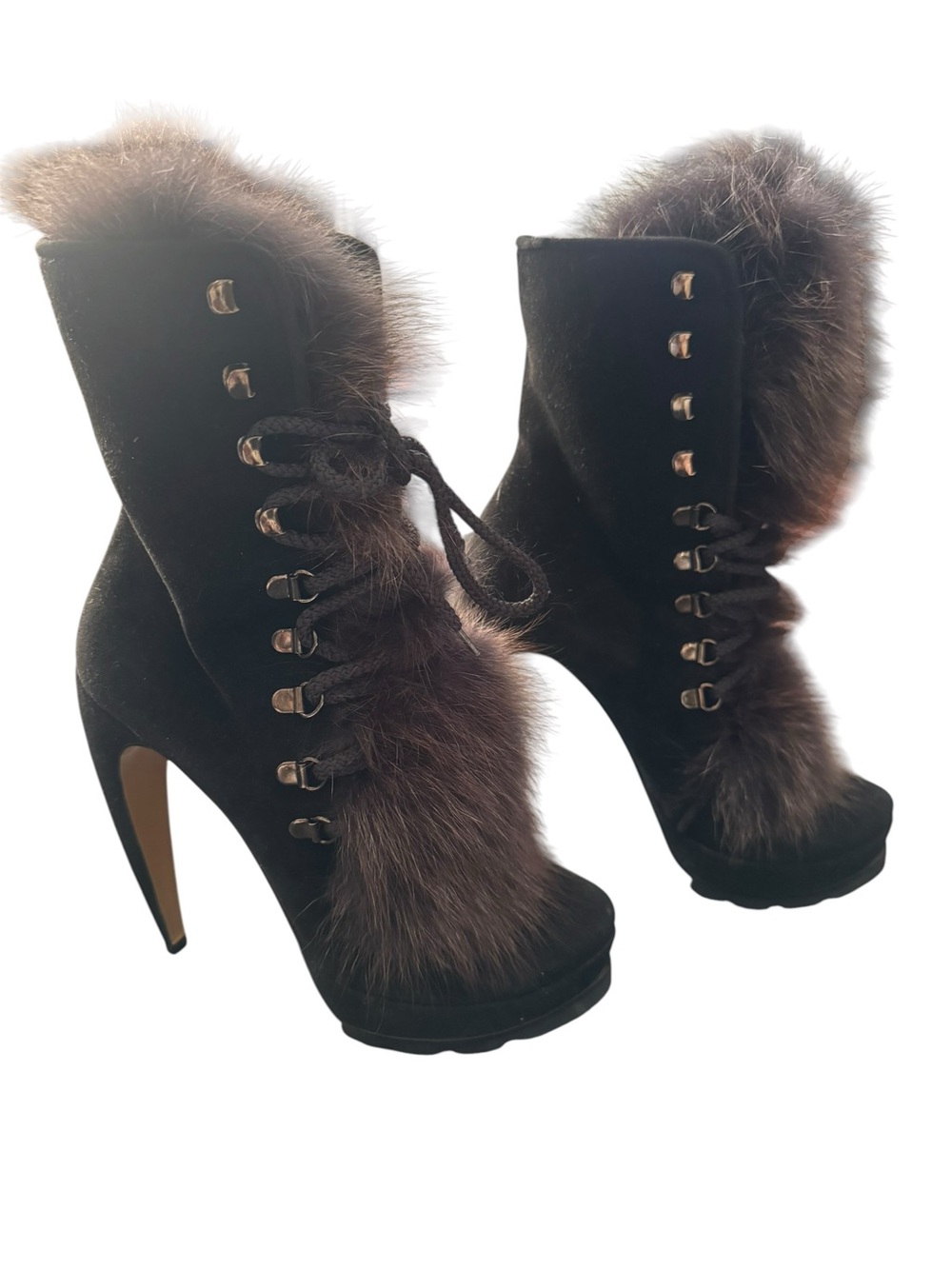 Walter Steiger Fox Fur Trimmed Platform Suede Boots 38 1/2